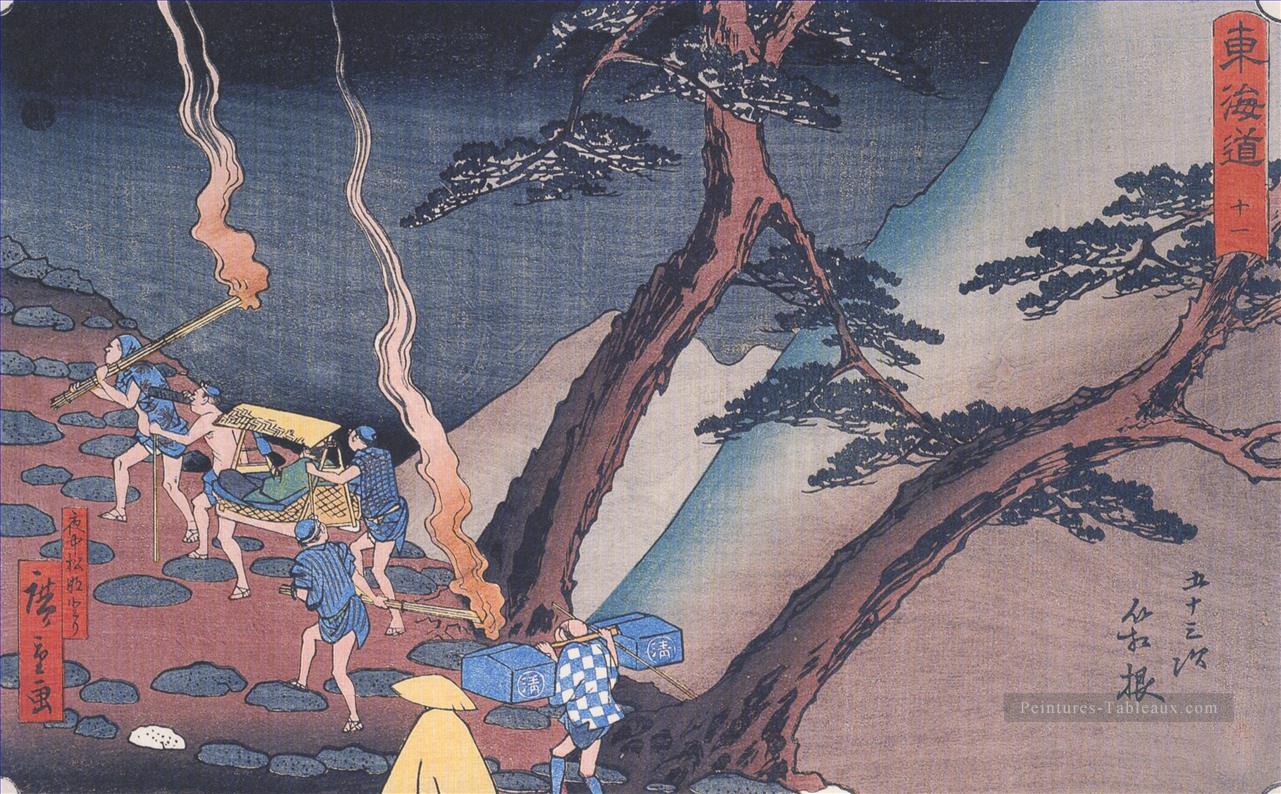 voyageurs sur un sentier de montagne la nuit Utagawa Hiroshige ukiyoe Peintures à l'huile